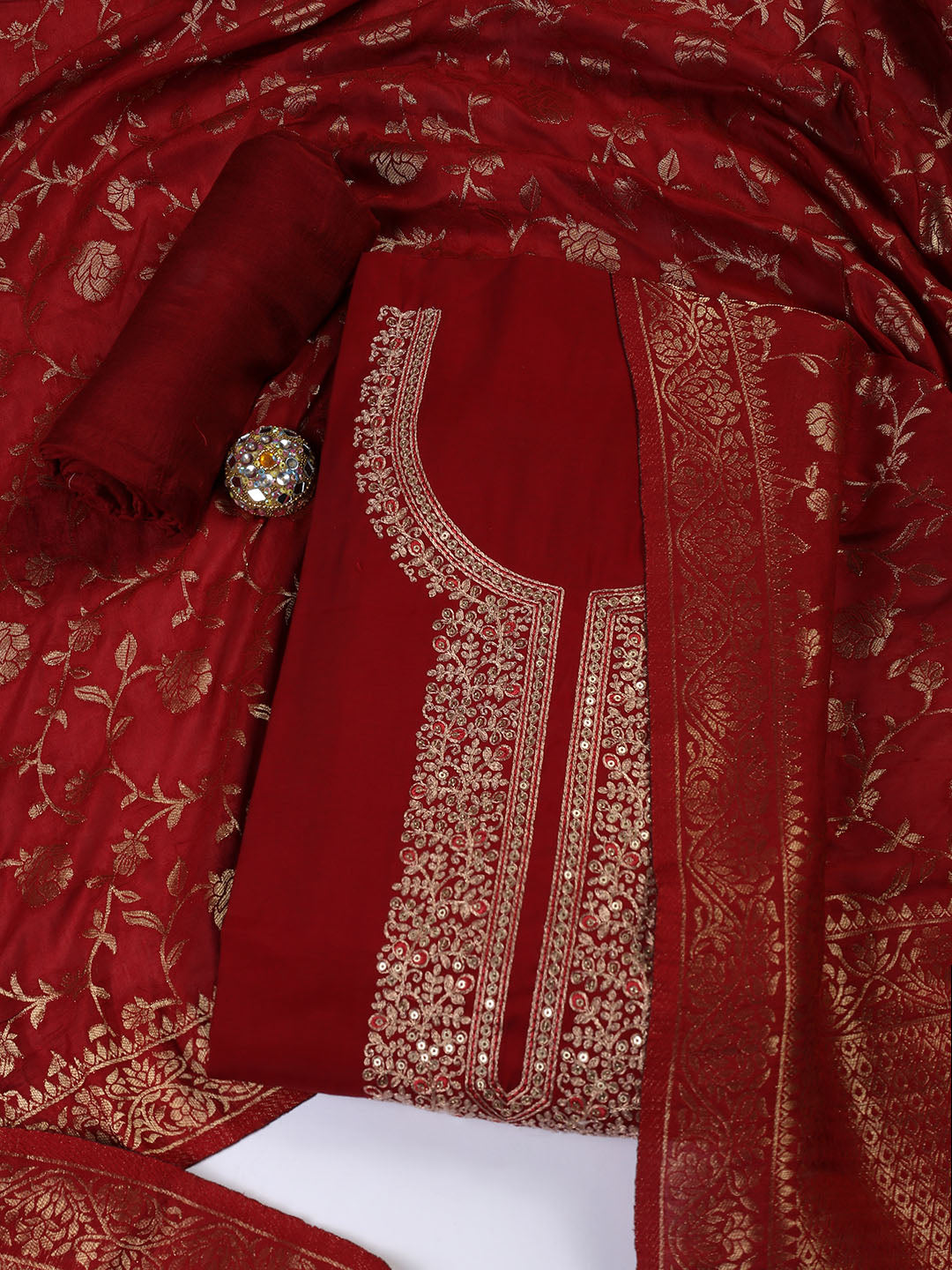 Embroidered Chanderi Unstitched Suit Piece With Dupatta