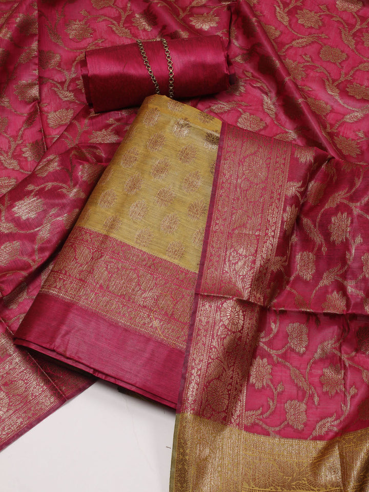 Neck Embroidered Chanderi Unstitched Suit Piece With Dupatta
