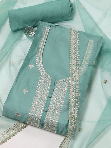 Neck Embroidered Chanderi Unstitched Suit With Dupatta