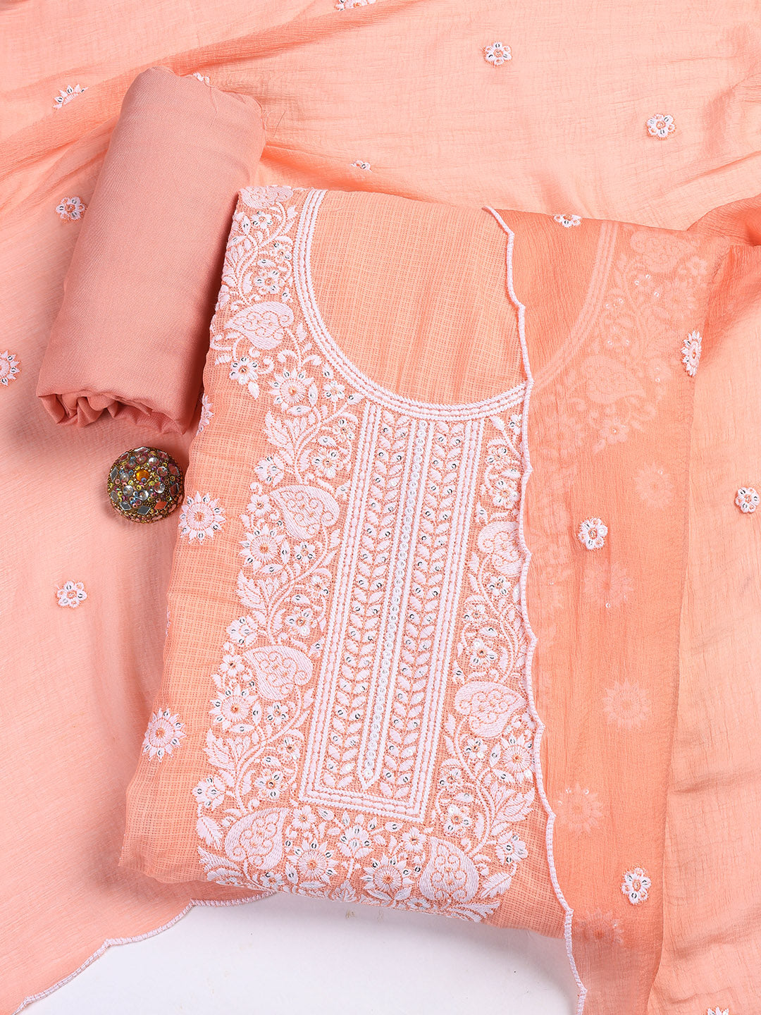 Embroidered Cotton Blend Unstitched Suit Piece With Dupatta