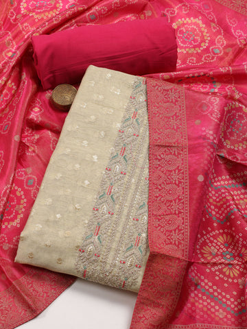 Embroidered Chanderi Unstitched Suit With Dupatta