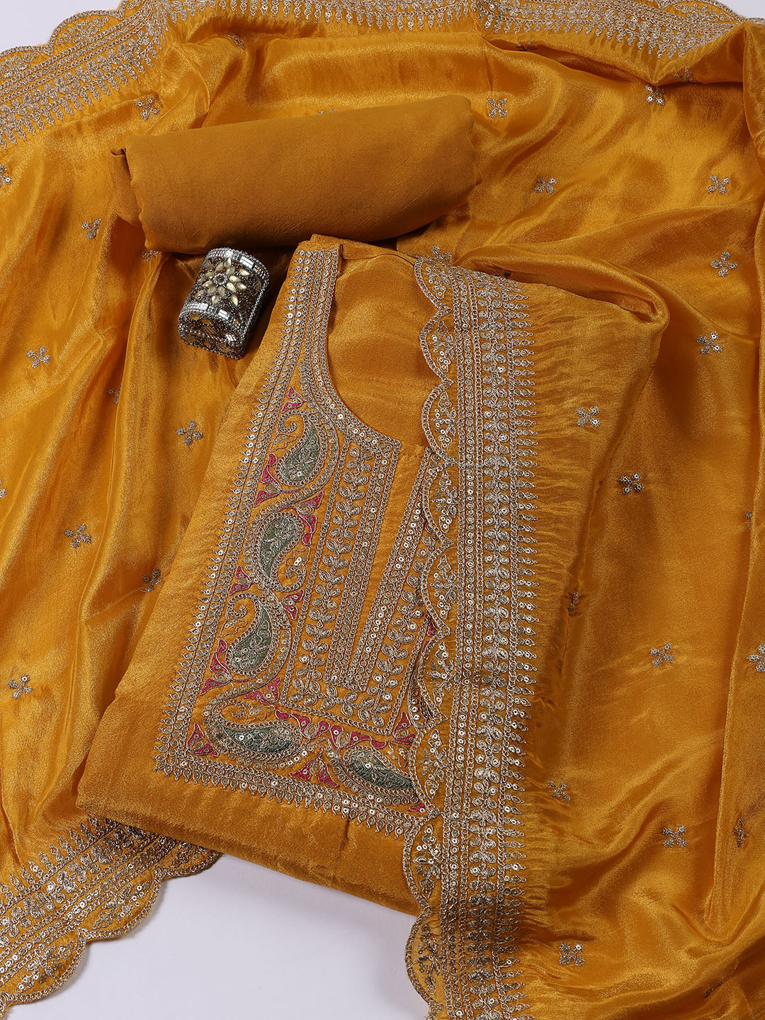 Neck Embroidered Tissue Unstitched Suit With Dupatta