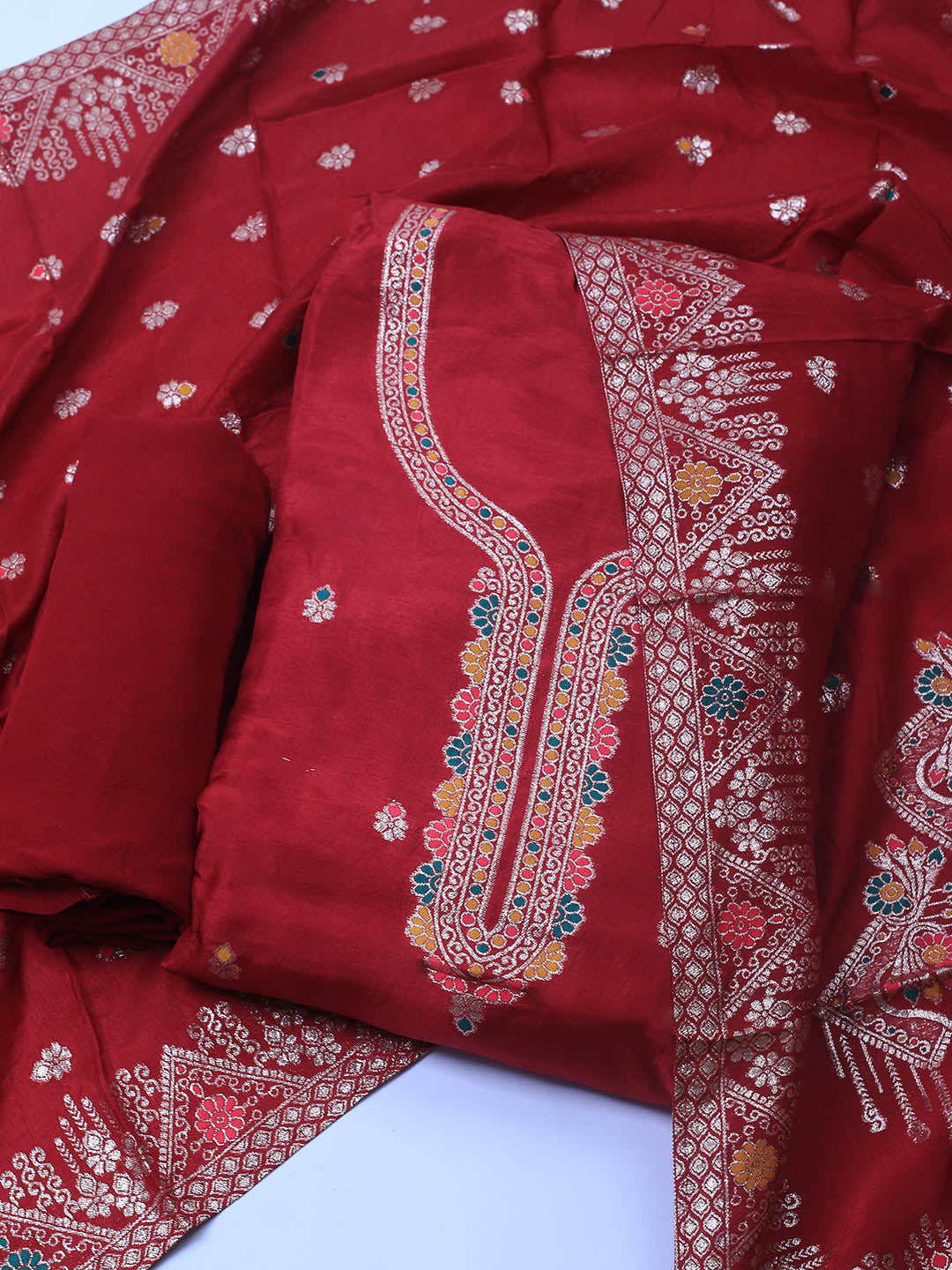 Neck Embroidery Chanderi Unstitched Suit With Dupatta