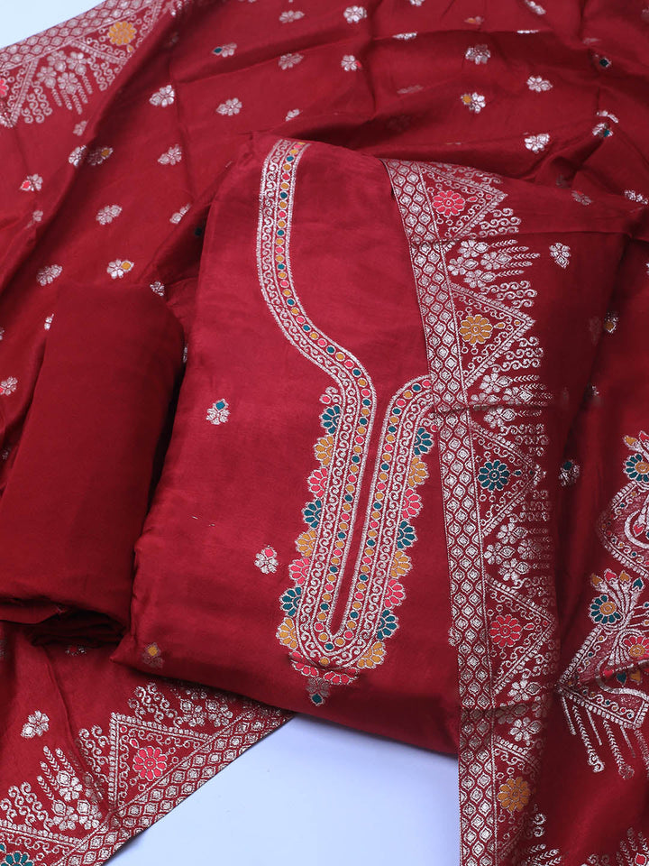 Neck Embroidery Chanderi Unstitched Suit With Dupatta