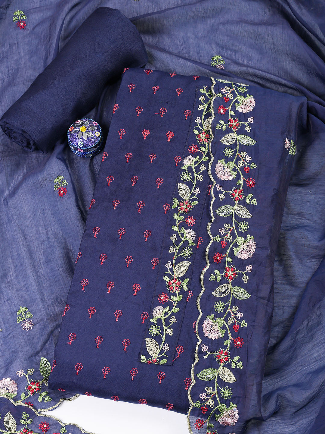 Neck Embroidered Cotton Blend Unstitched Suit With Dupatta