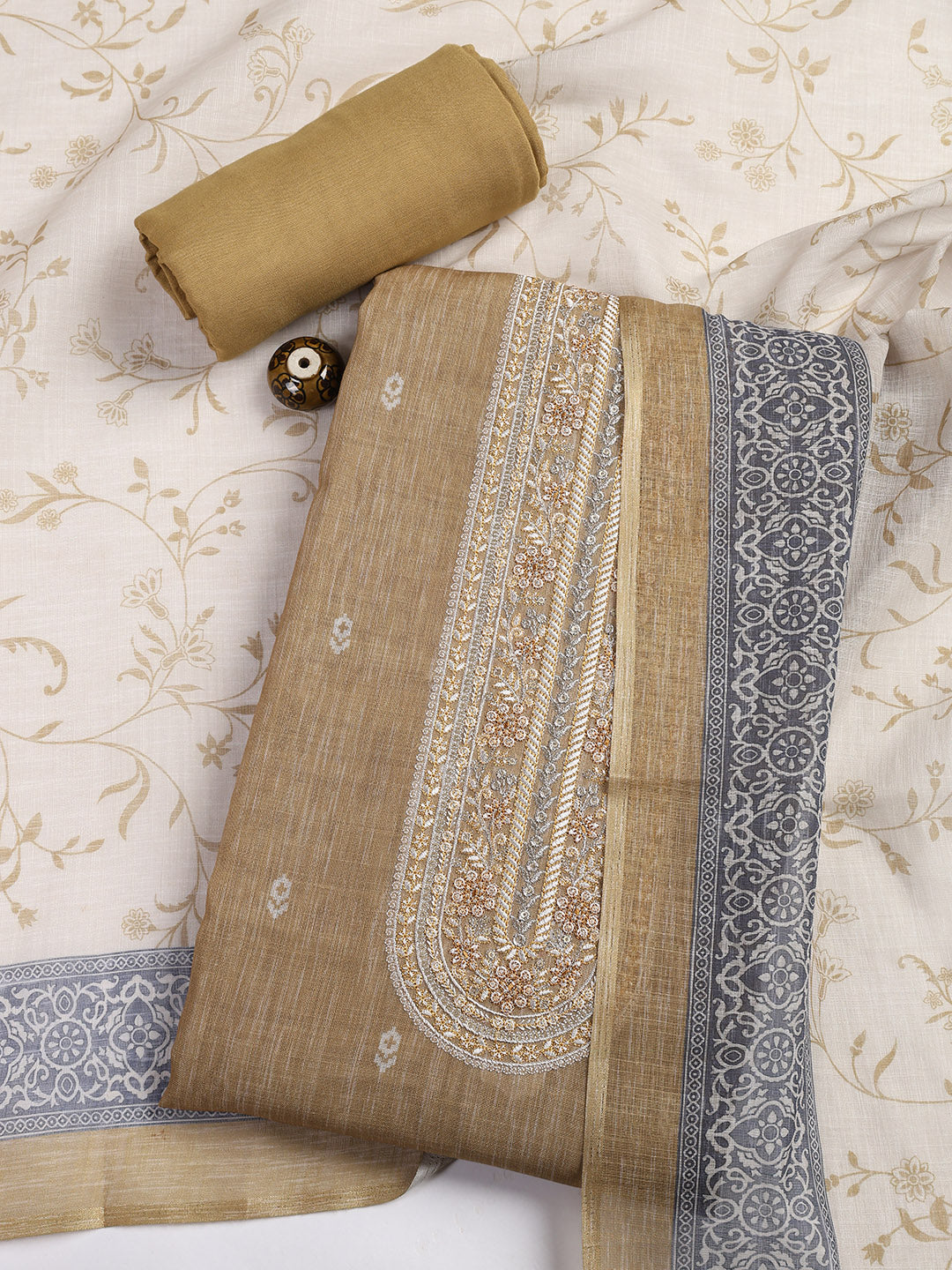 Neck Embroidered Chanderi Unstitched Suit Piece With Dupatta
