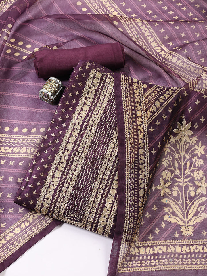 Neck Patti Chanderi Unstitched Suit With Dupatta