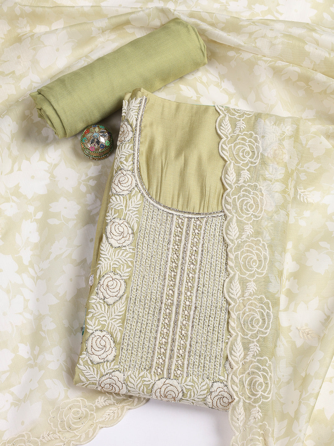 Neck Embroidery Chanderi Unstitched Suit With Dupatta