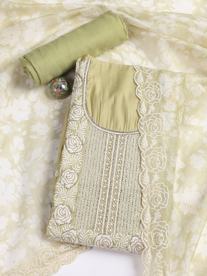 Neck Embroidery Chanderi Unstitched Suit With Dupatta