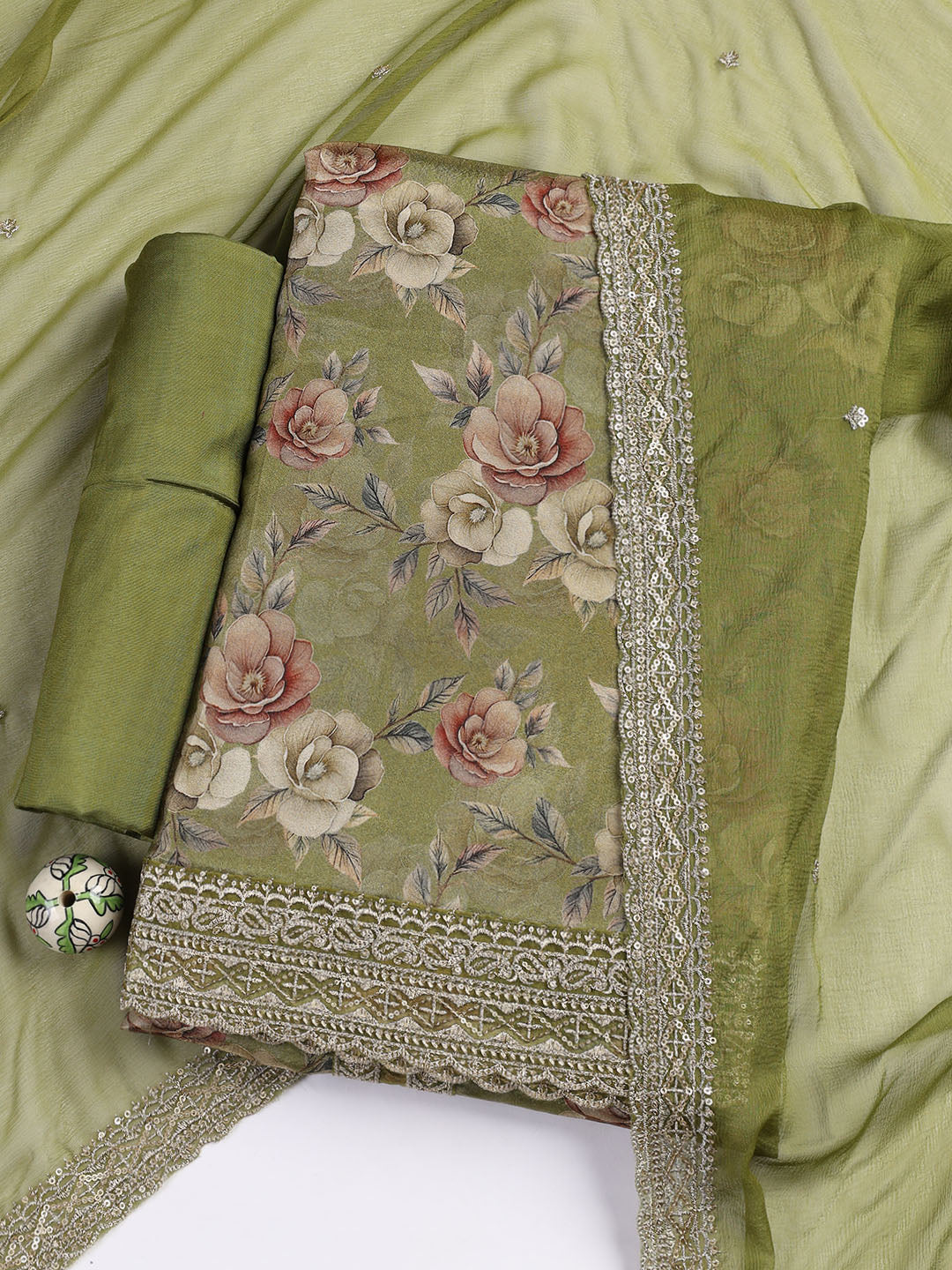 Patch Neck Art Silk Unstitched Suit With Dupatta