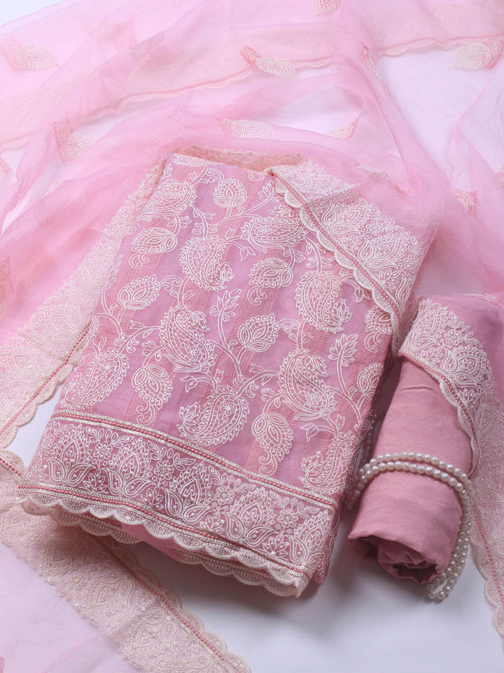 Thread Embroidery Organza Unstitched Suit Piece With Dupatta
