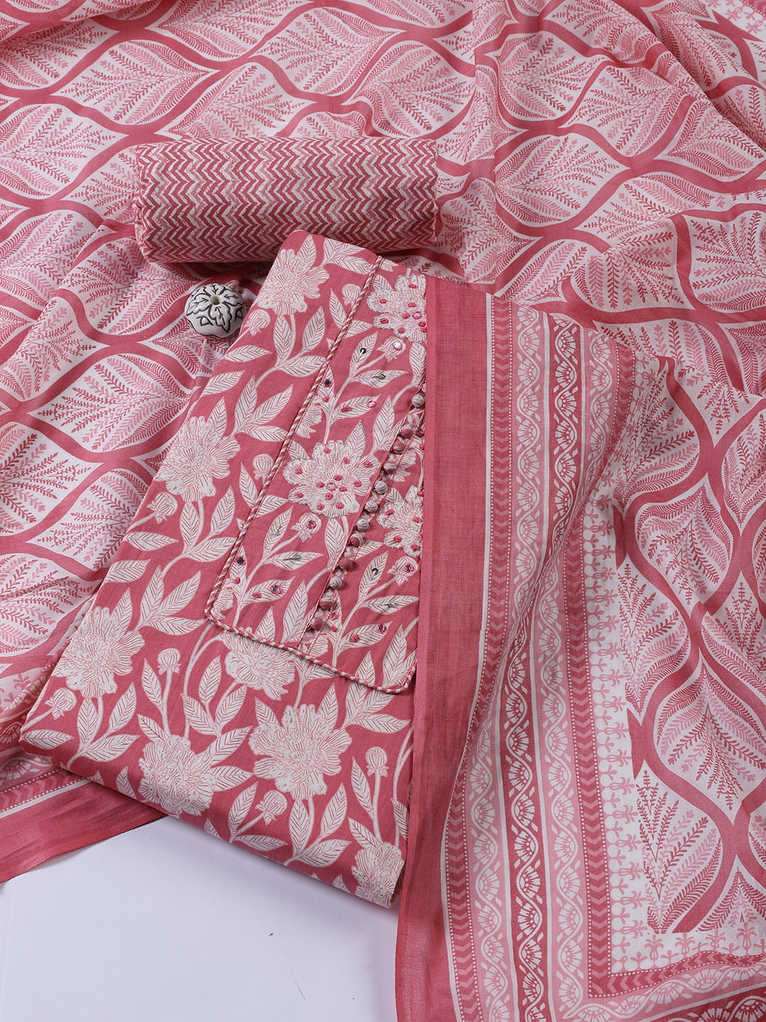 Printed Cotton Blend Unstitched Suit With Dupatta