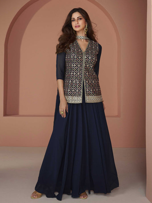 Embroidered Sequin Georgette Kurta With Palazzo And Dupatta