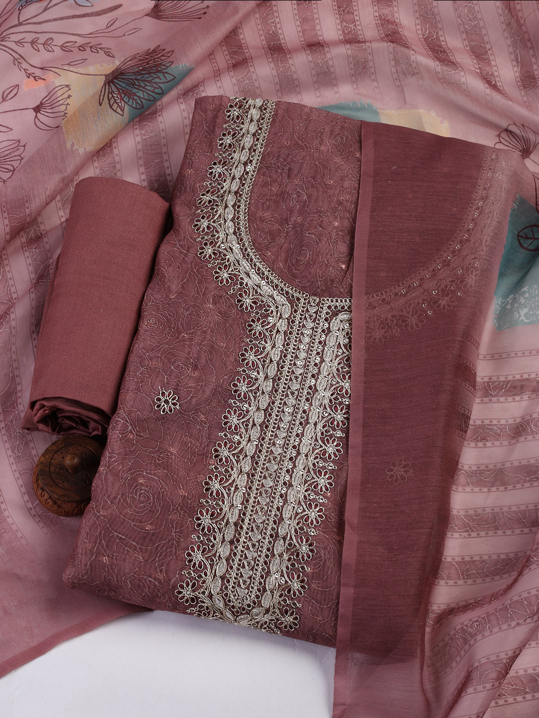 Neck Embroidery Chanderi Unstitched Suit With Dupatta