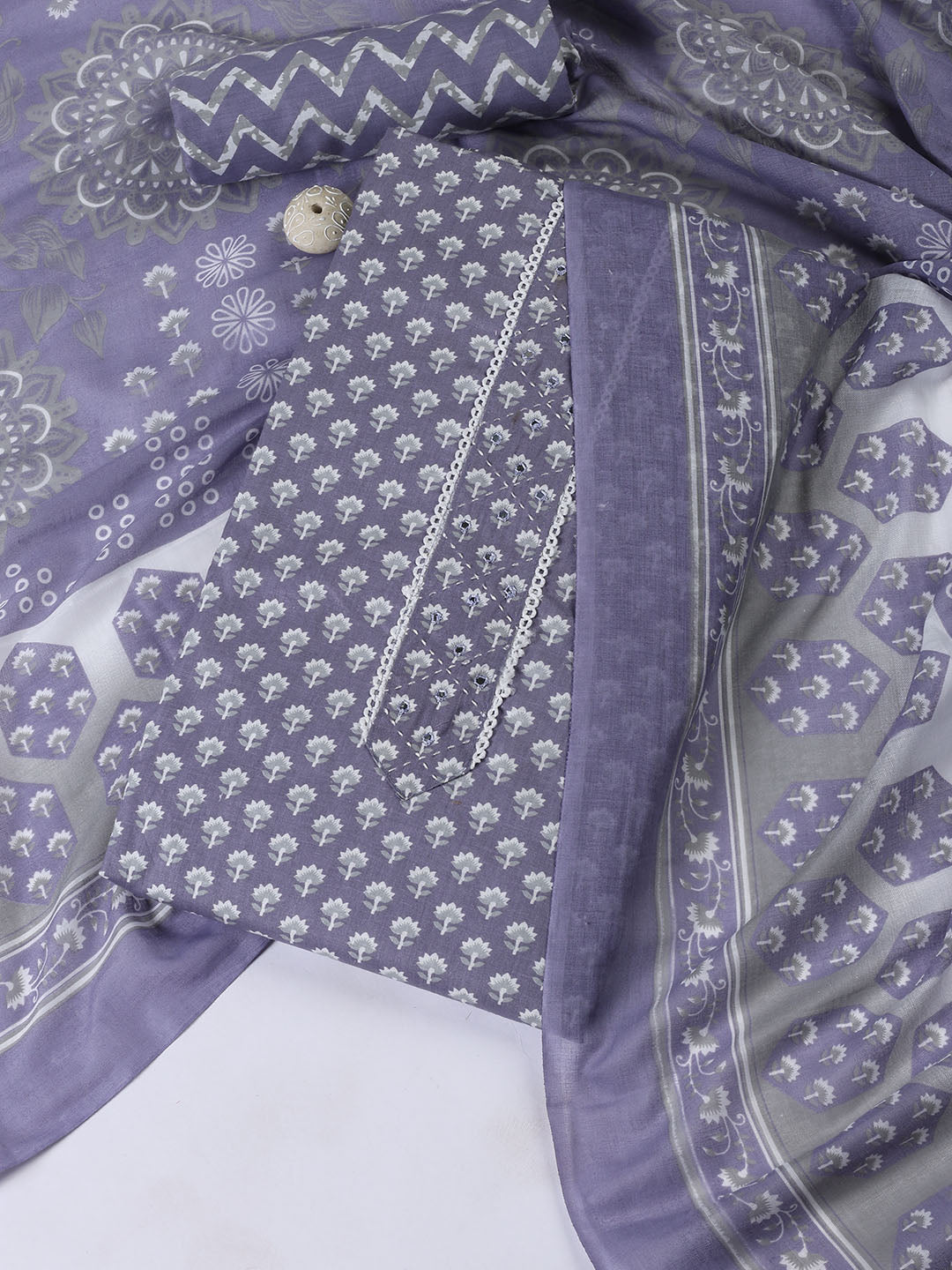 Neck Patti Cotton Blend Unstitched Suit With Dupatta
