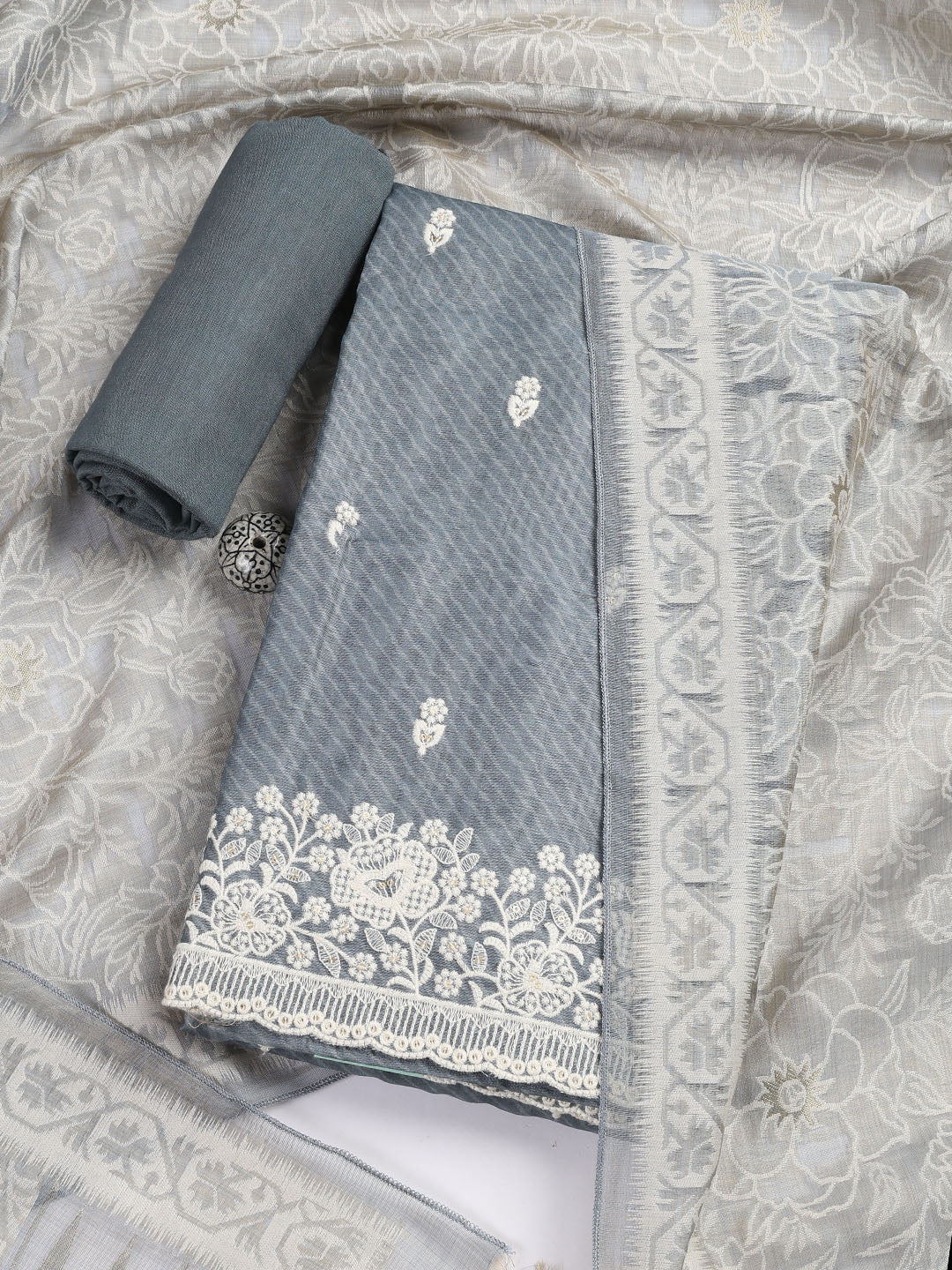 Embroidered Chanderi Unstitched Suit Piece With Dupatta