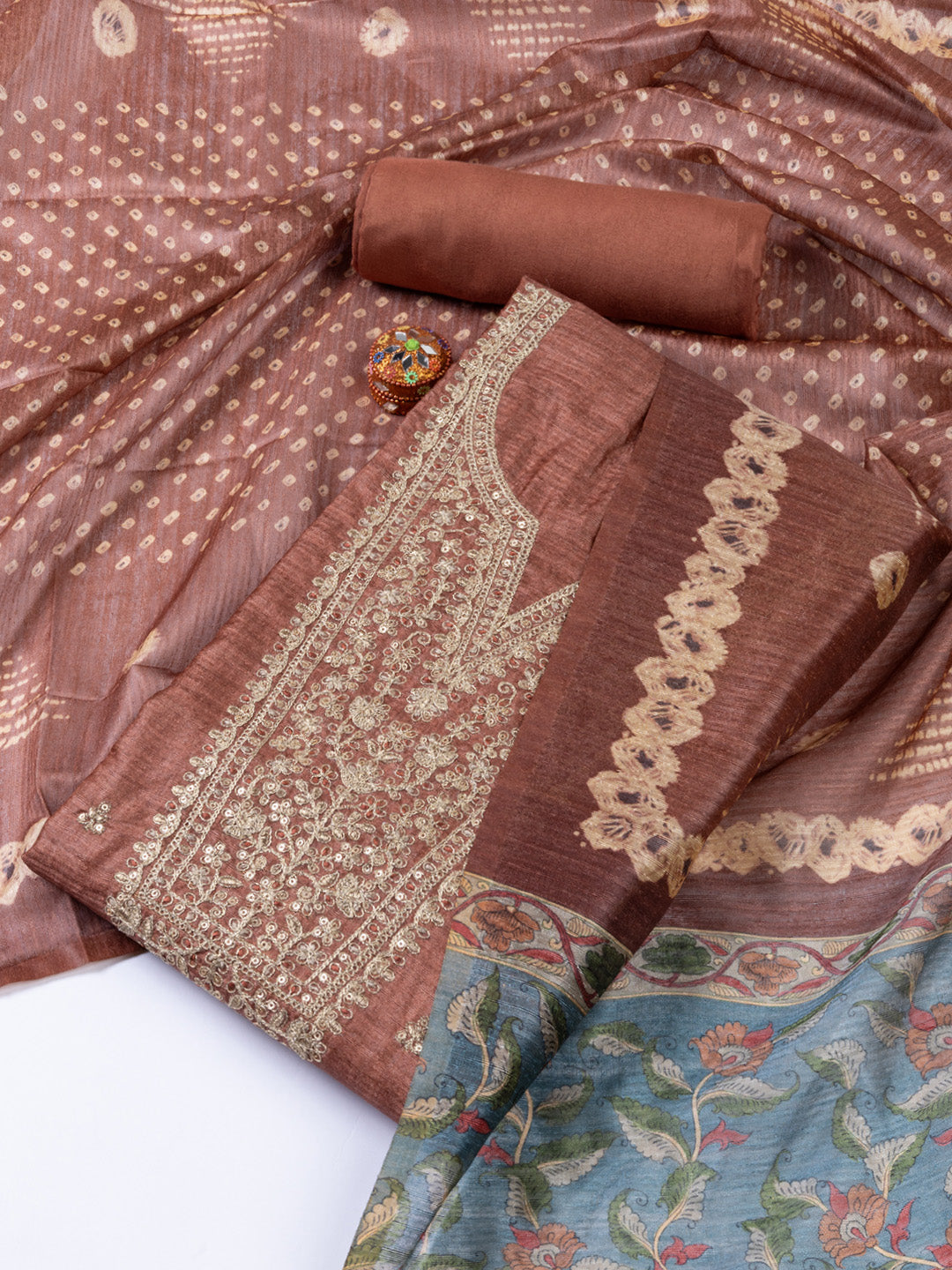Neck Embroidered Tussar Unstitched Suit Piece With Dupatta