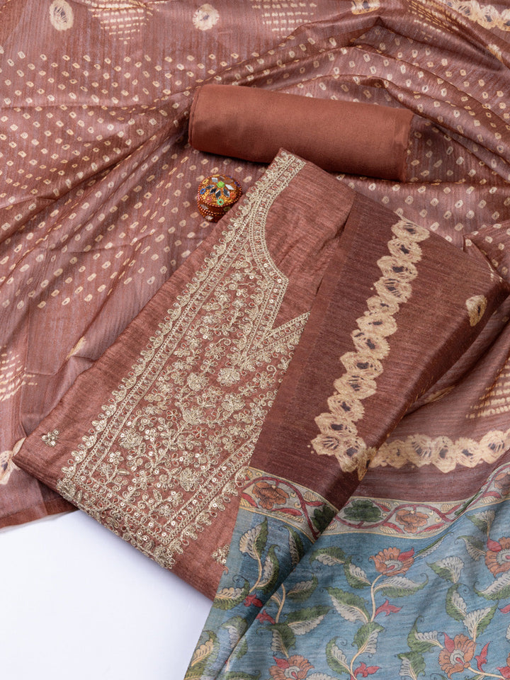 Neck Embroidered Tussar Unstitched Suit Piece With Dupatta