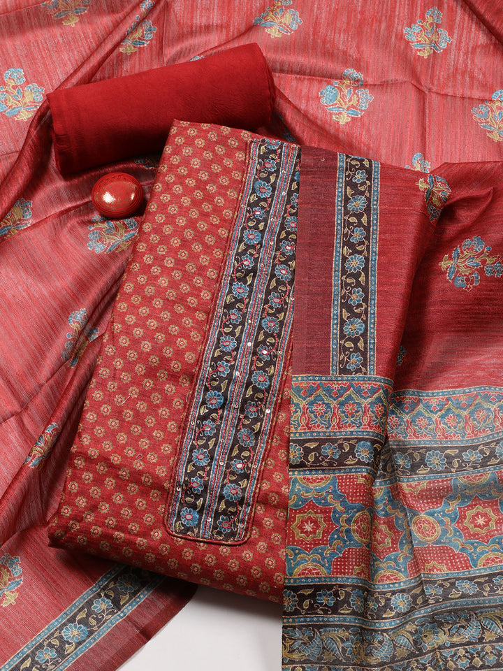 Neck Patti Chanderi Unstitched Suit With Dupatta