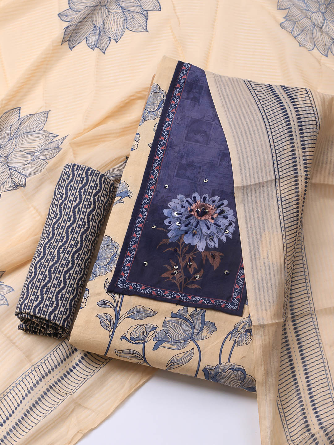 Printed Cotton Blend Unstitched Suit With Dupatta