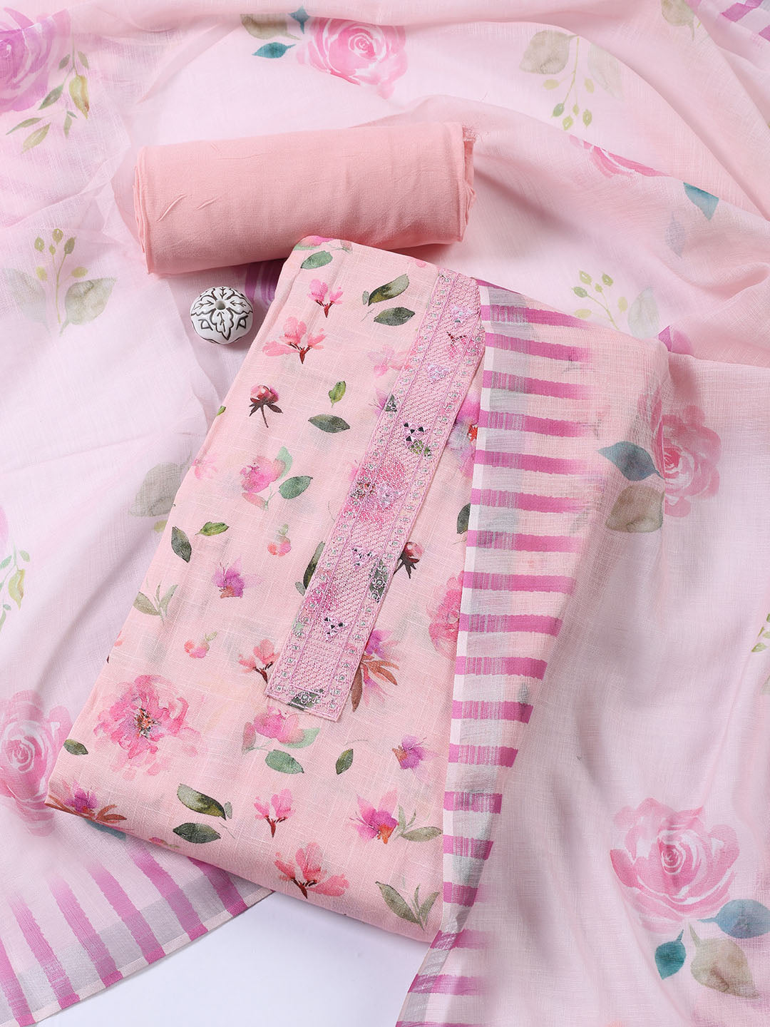 Floral Printed Linen Unstitched Suit With Dupatta