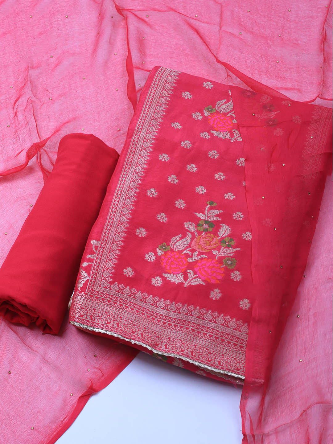 Woven Work Chanderi Unstitched Suit With Dupatta