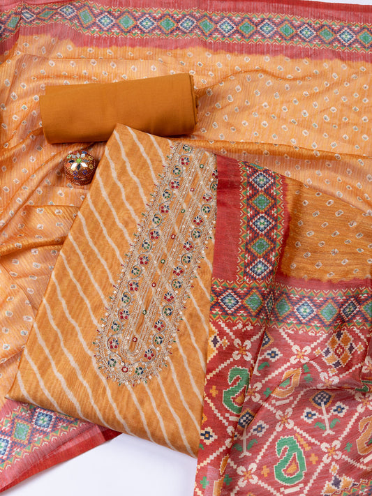 Neck Embroidered Chanderi Unstitched Suit With Dupatta