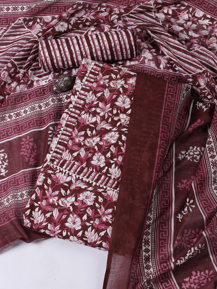 Printed Cotton Blend Unstitched Suit With Dupatta