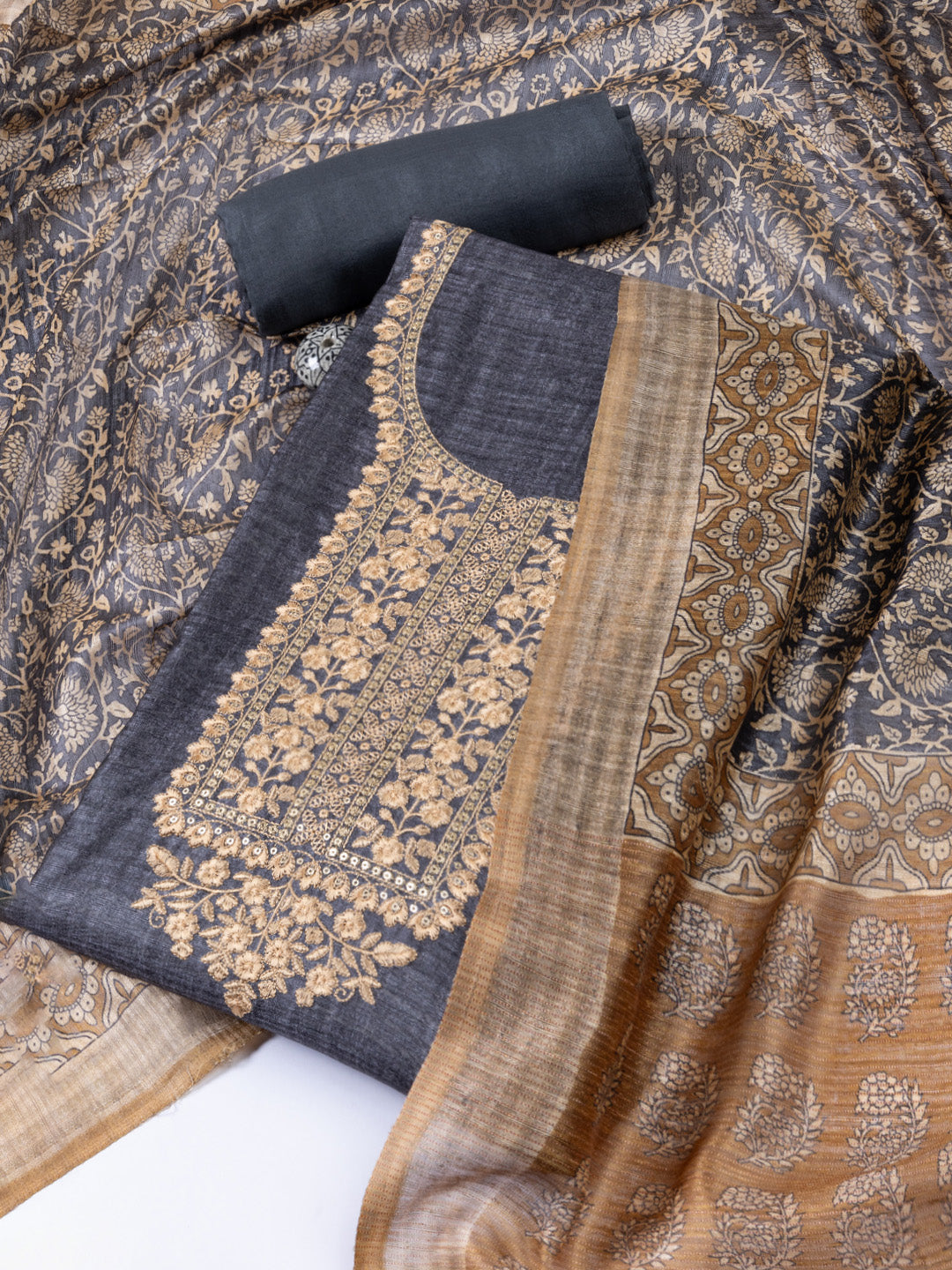 Neck Embroidered Chanderi Unstitched Suit With Dupatta
