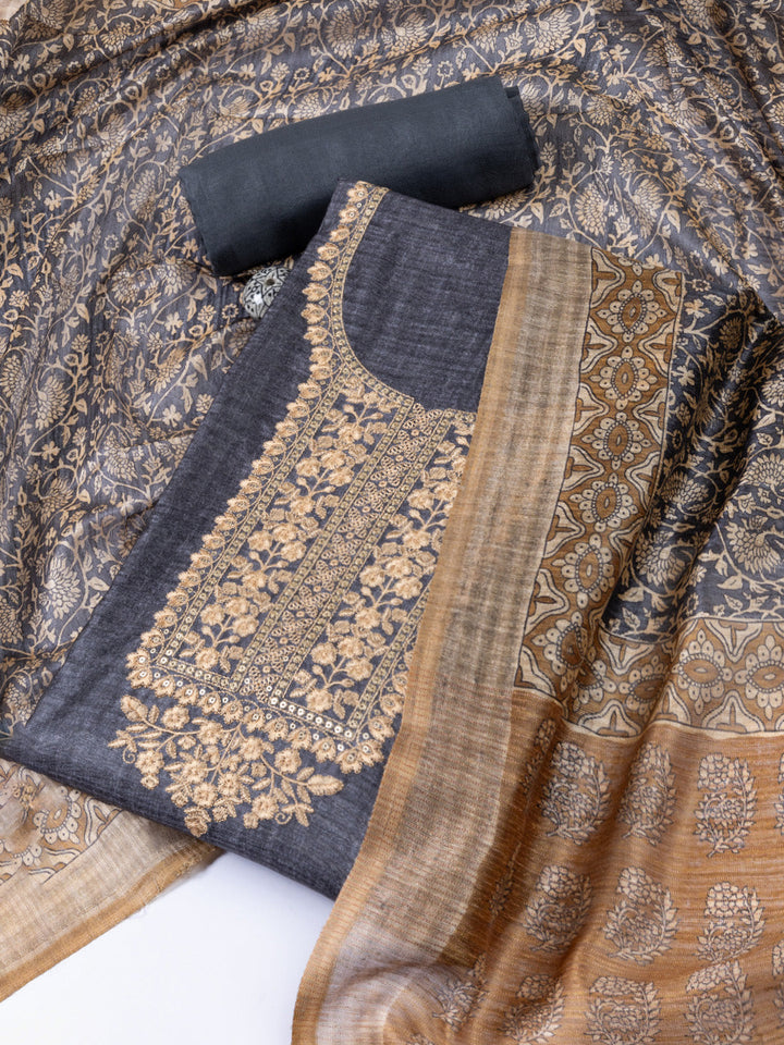 Neck Embroidered Chanderi Unstitched Suit With Dupatta