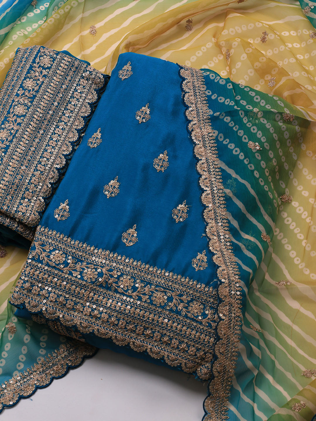 Embroidered Art Silk Unstitched Suit Piece With Dupatta