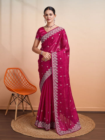 Stone Embroidery Organza Handloom Saree