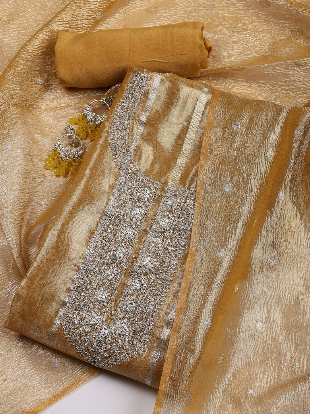 Neck Embroidered Tissue Unstitched Suit With Dupatta