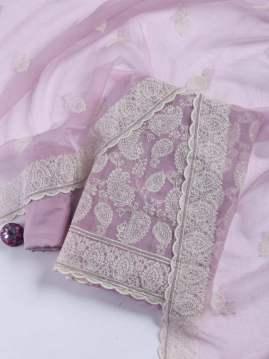 Thread Embroidery Organza Unstitched Suit Piece With Dupatta