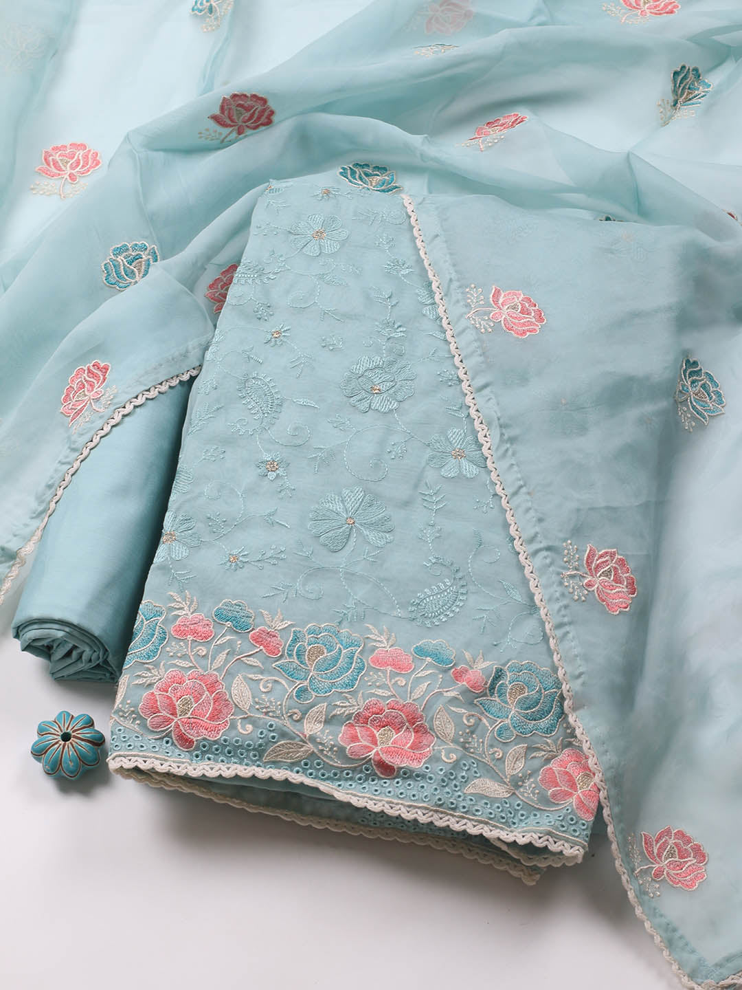 Neck Embroidery Organza Unstitched Suit Piece With Dupatta