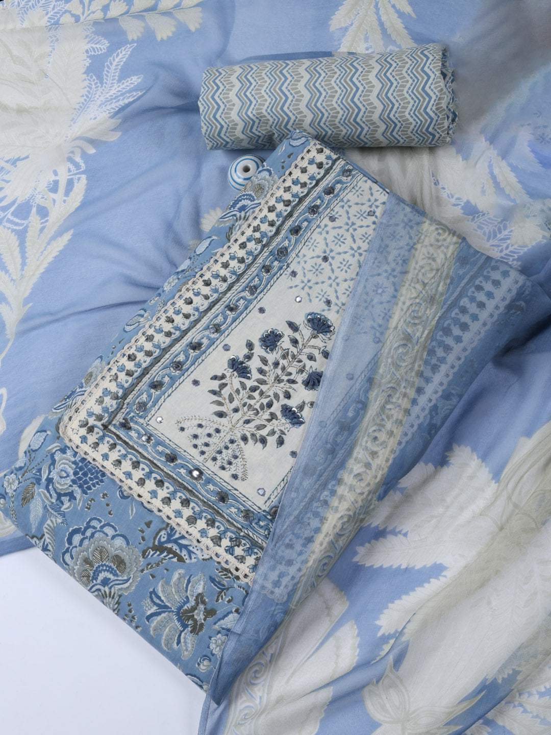 Neck Work Cotton Blend Unstitched Suit With Dupatta