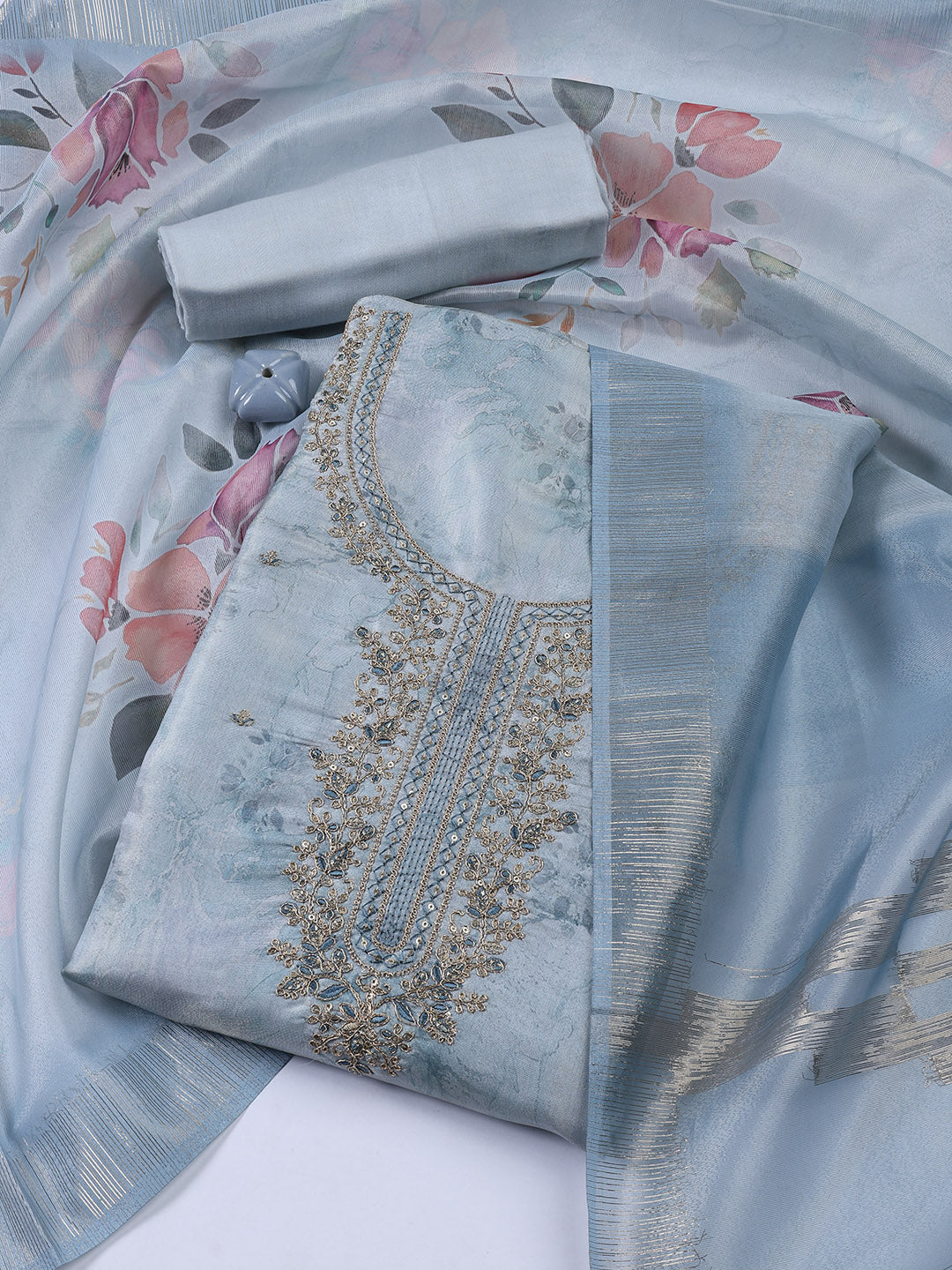 Neck Embroidery Tissue Unstitched Suit With Dupatta
