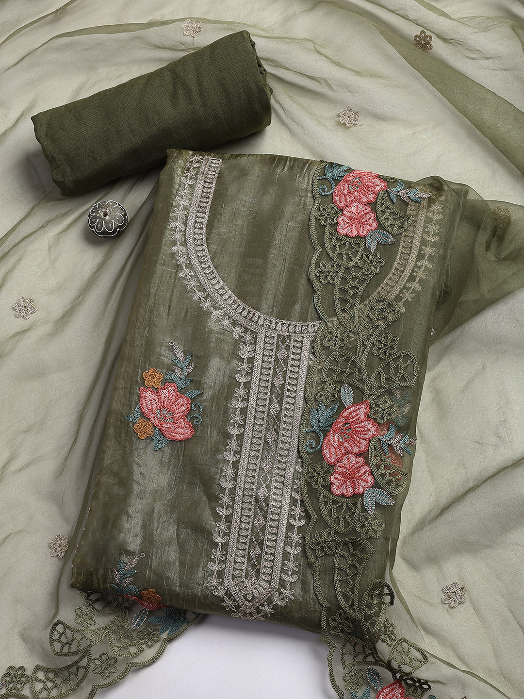 Neck Embroidery Organza Unstitched Suit Piece With Dupatta
