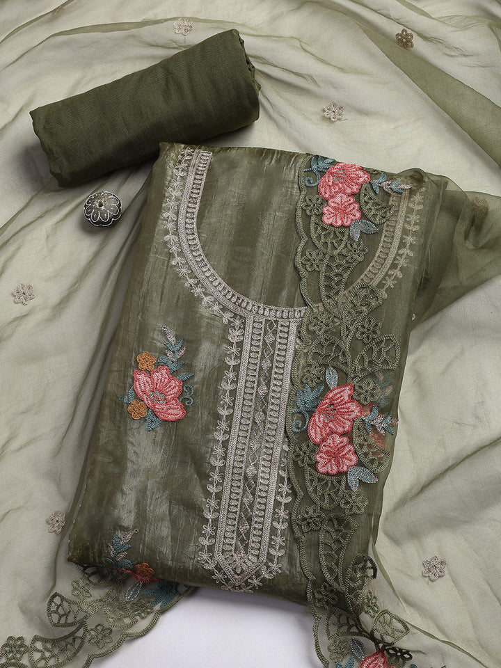 Neck Embroidery Organza Unstitched Suit Piece With Dupatta