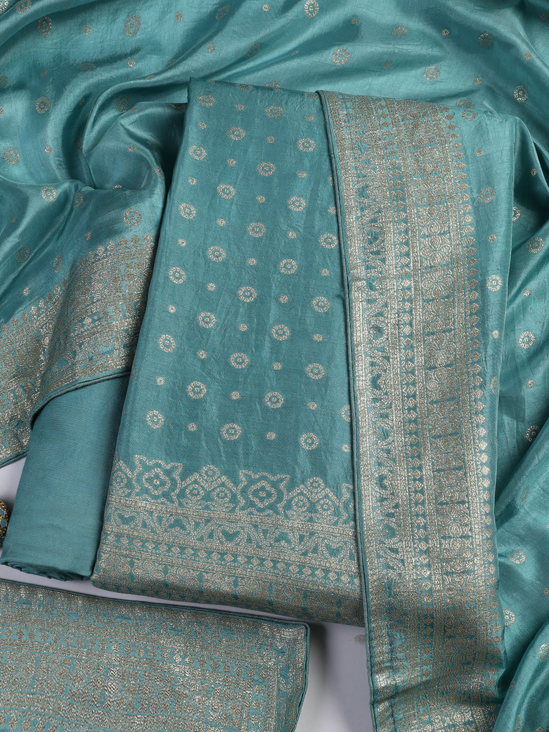Embroidered Art Silk Unstitched Suit Piece With Dupatta