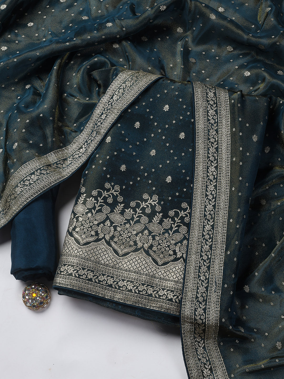 Embroidered Art Silk Unstitched Suit Piece With Dupatta