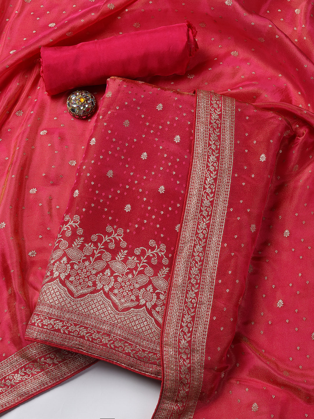 Embroidered Art Silk Unstitched Suit Piece With Dupatta