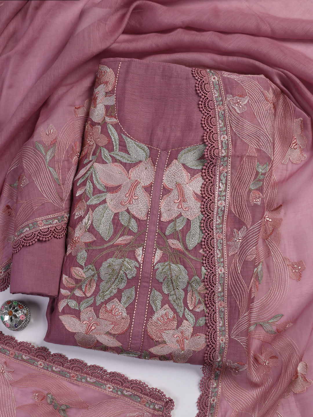 Embroidery Chanderi Unstitched Suit With Dupatta