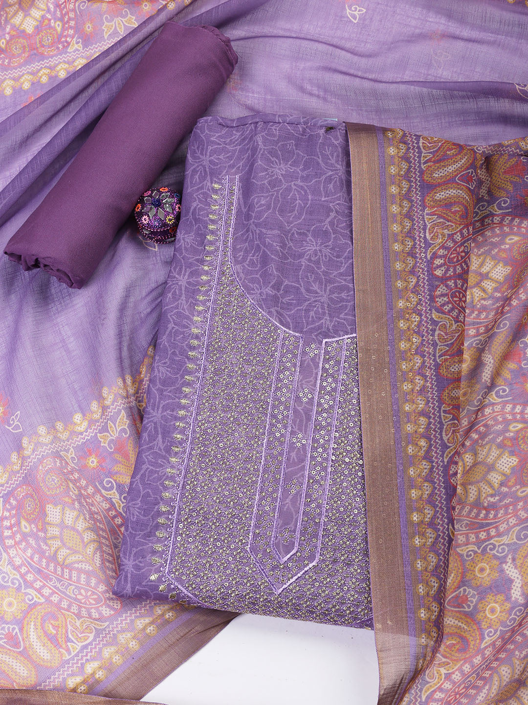 Neck Embroidered Cotton Blend Unstitched Suit With Dupatta