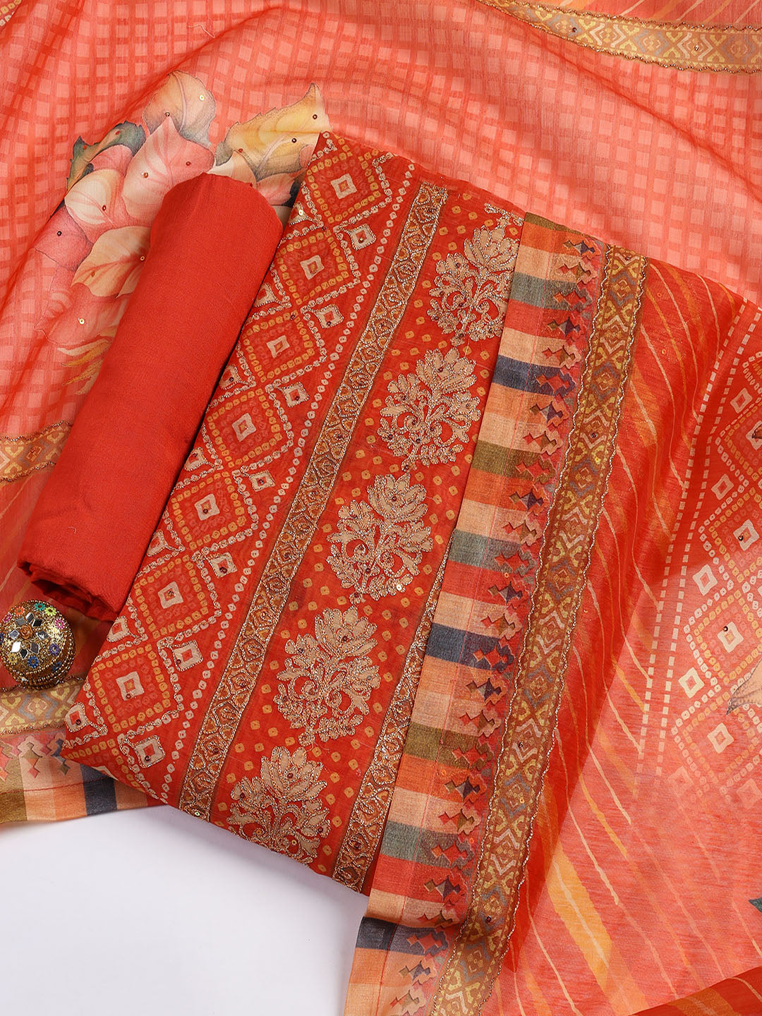 Printed Chanderi Unstitched Suit Piece With Dupatta