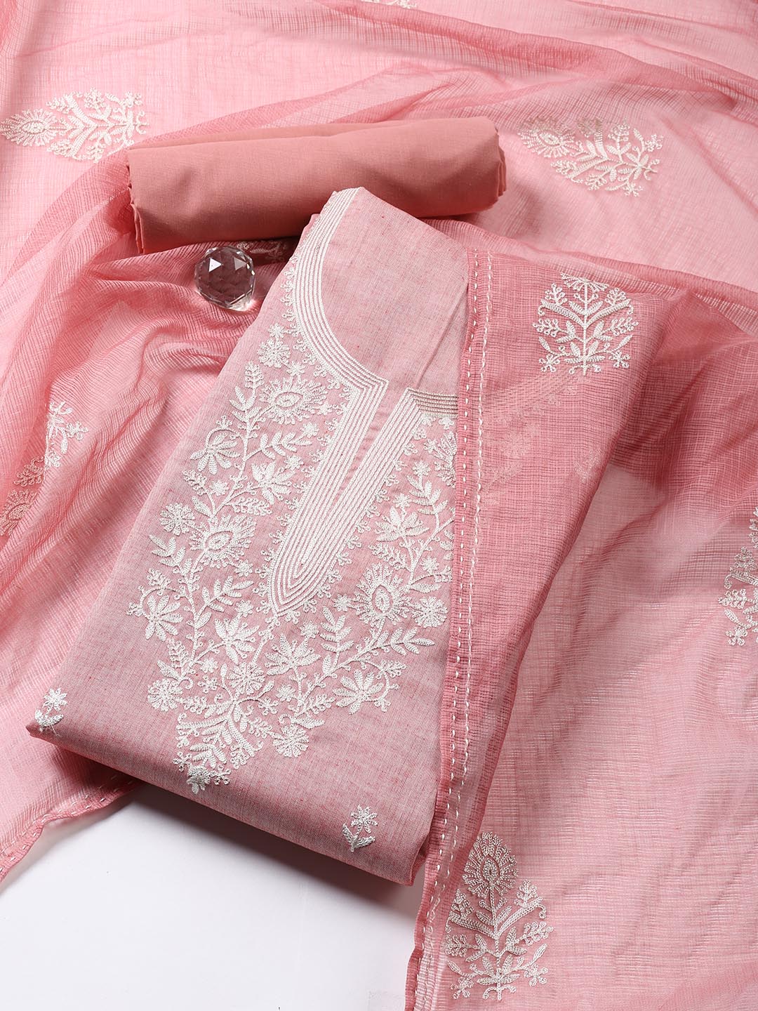 Neck Embroidered Cotton Blend Unstitched Suit Piece With Dupatta