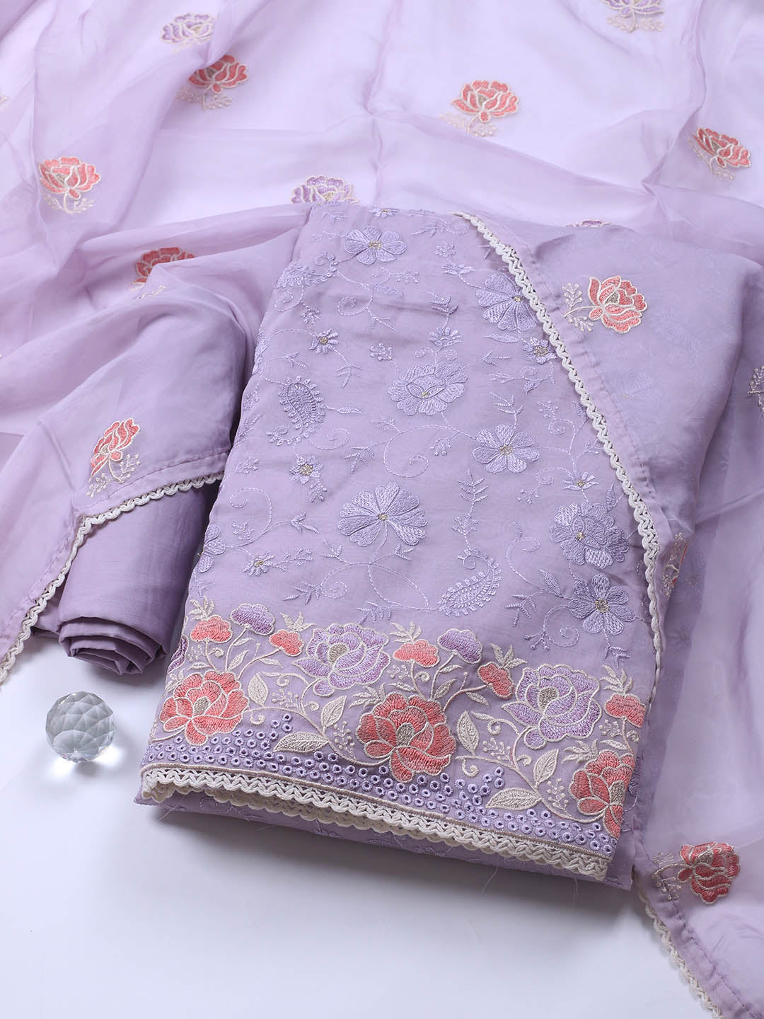 Neck Embroidery Organza Unstitched Suit Piece With Dupatta