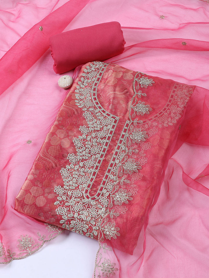 Neck Zari Embroidery Tissue Unstitched Suit With Dupatta