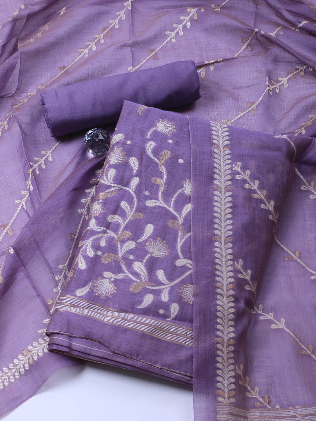 Neck Embroidery Chanderi Unstitched Suit With Dupatta