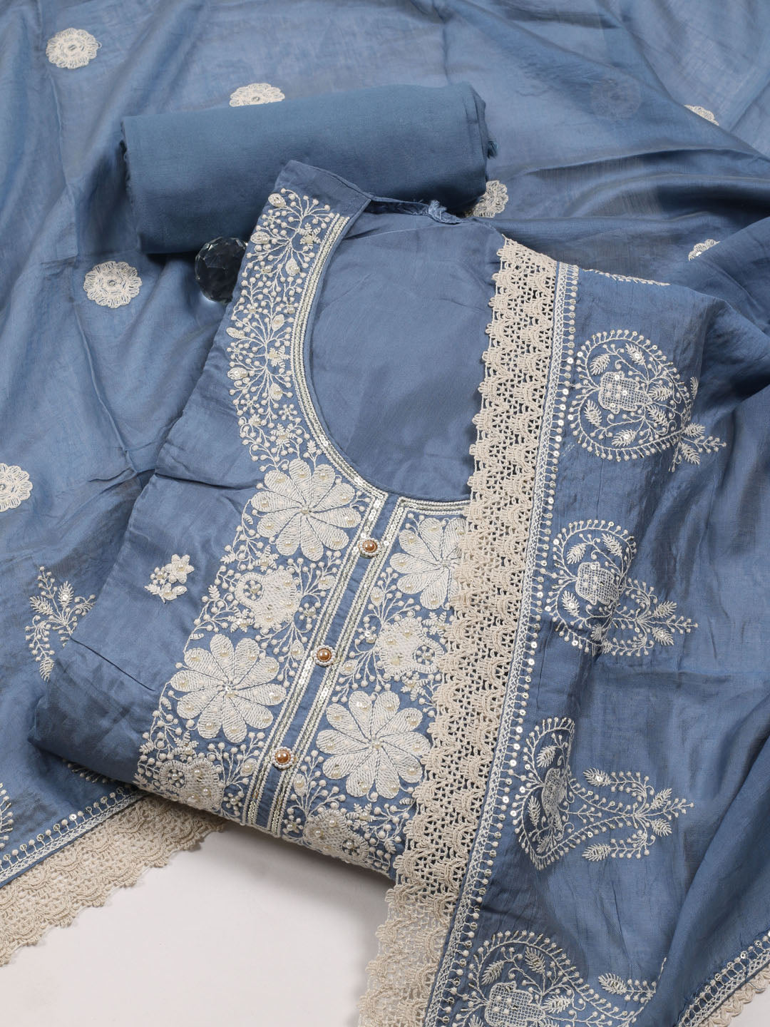 Thread Embroidery Cotton Blend Unstitched Suit With Dupatta